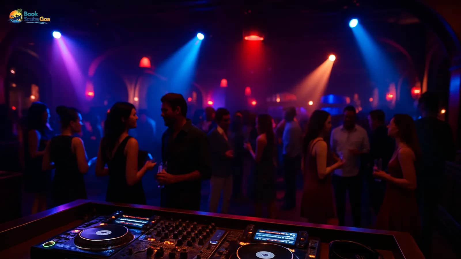 Elegant Goa nightclub interior with DJ console, dance floor and premium lighting