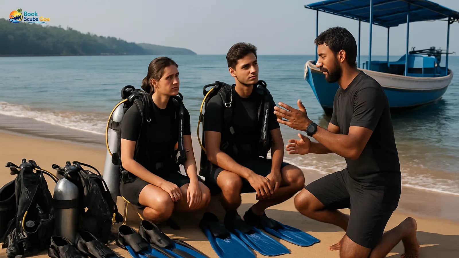 Friendly instructor briefing first-time divers beside a dive boat with gear laid out