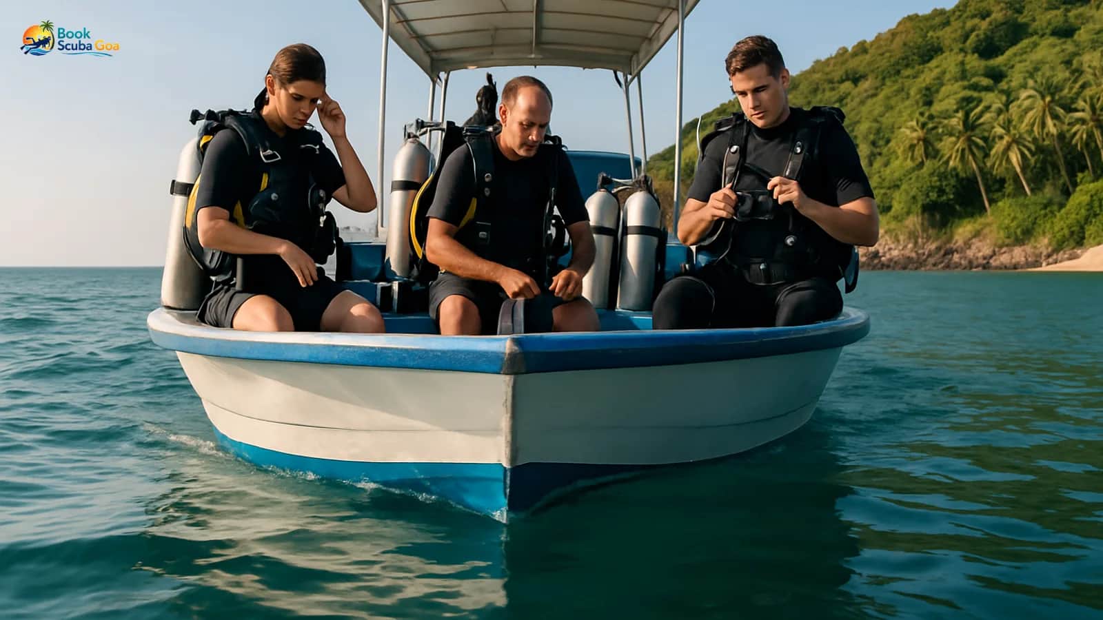 Small diving boat approaching a tropical island with divers preparing equipment on deck