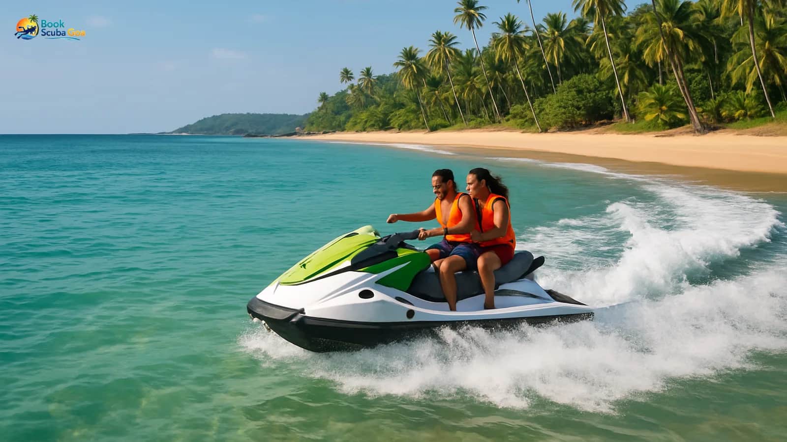 Jet ski cutting across clear coastal water near a Goa beach